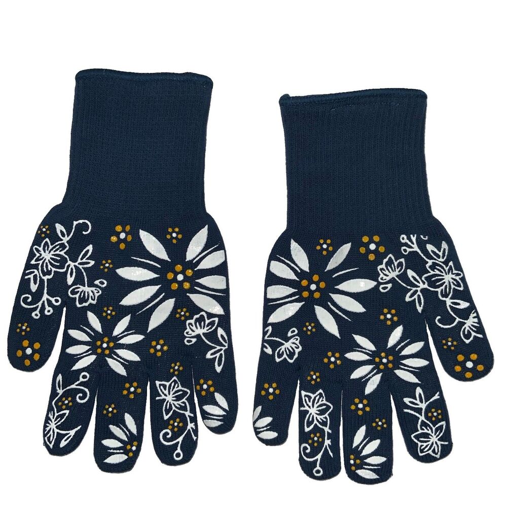 TEMPTATIONS OVEN MITTS GLOVES SILICONE ACCENTS BLUE FLORAL LACE OLD WORLD Med-LG